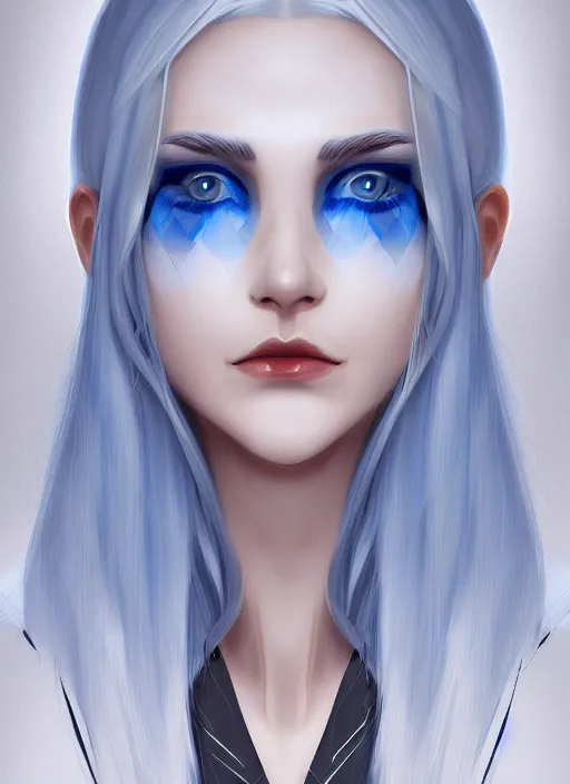 Image similar to portrait of a mysterious girl white silver hair and blue eyes wearing formal clothes, symmetrical face, perfect face details, digital painting, trending on artstation, deviantart, artgem, perfect composition, ross draws, wlop