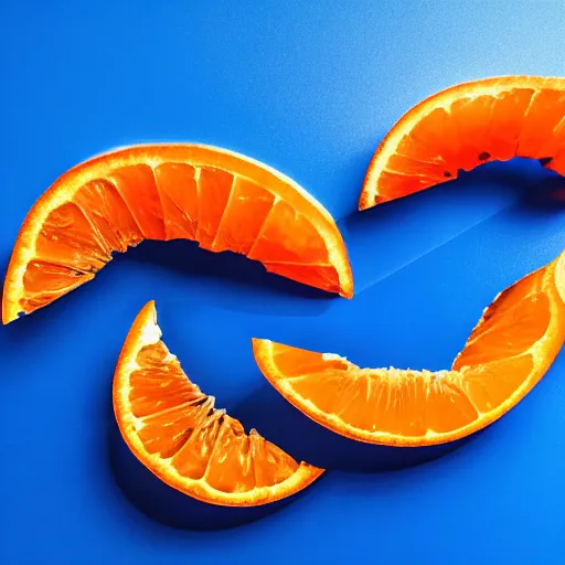 Image similar to a blue orange sliced in half laying on a blue floor in front of a blue wall, hyper realistic, ambient lighting, concept art, intricate, hyper detailed, smooth, dynamic volumetric lighting, octane, cinematic, high quality, high resolution, 4 k