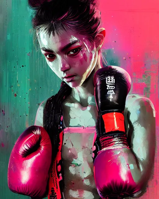 Image similar to detailed portrait Neon boxer Girl, cyberpunk futuristic neon, reflective crop top and shorts, boxing gloves, decorated with traditional Japanese ornaments by Ismail inceoglu dragan bibin hans thoma greg rutkowski Alexandros Pyromallis Nekro Rene Maritte Illustrated, Perfect face, fine details, realistic shaded, fine-face, pretty face