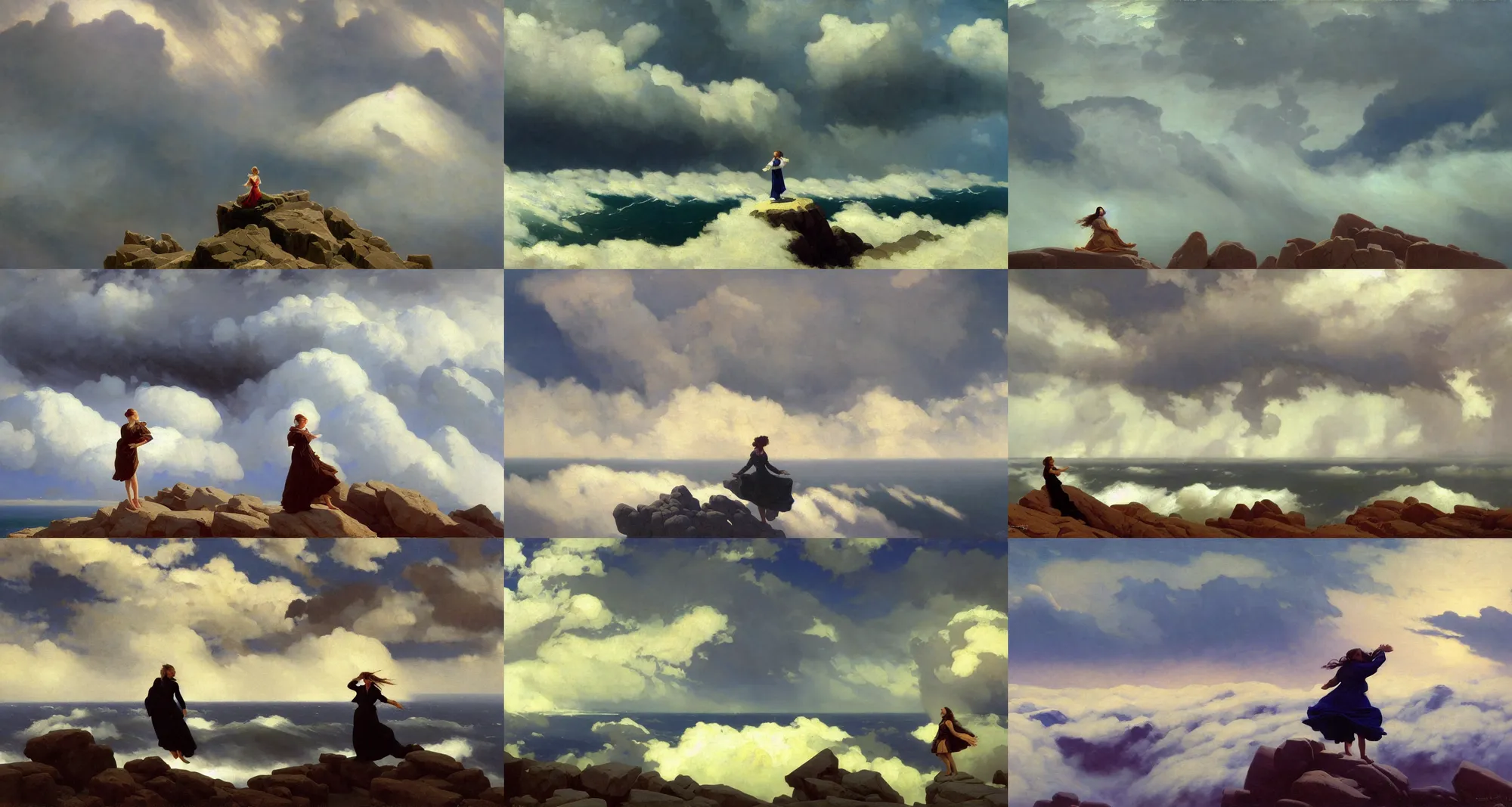 Prompt: above the clouds, dramatic light, thunder clouds in the sky, stormy sea by frederick judd waugh, simple form, brutal shapes stormy sky, extremely strong wind, cumulonimbus, woman in dress figure standing on the stones, realism, cinematic view, artwork by ed mell christopher blossom and franklin carmichael and Russ Kramer and ivan aivazovsky and isaac levitan