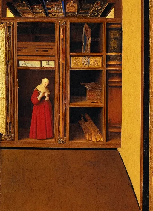 Image similar to bookshelf, medieval painting by jan van eyck, johannes vermeer, florence