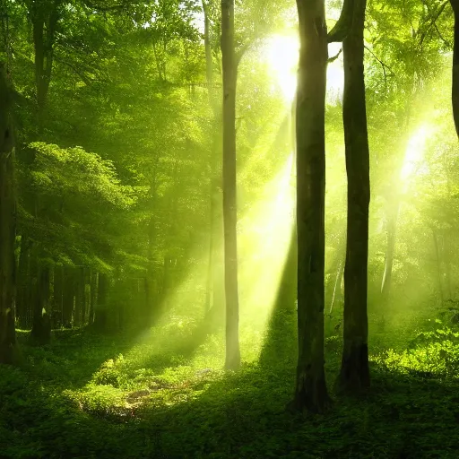 Image similar to A lush green forest in the morning; rays of light coming through the canopy