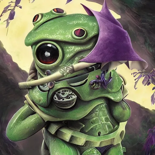 Prompt: little boy wearing an cyborg frog suit, artwork in kentaro miura and made in abyss, smooth, purple and green gamma, studio lighting, beautiful lightness, anatomically correct, trending on pixiv