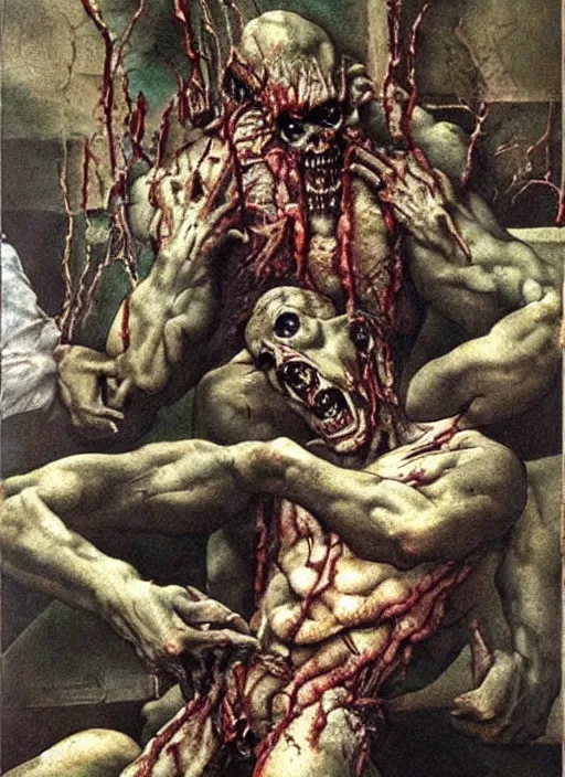 Prompt: Michelangelo painting of a disgusting vile zombie monster eating a man, cult horror, kitchen inspired by The Thing, by Cronenberg and greg nicotero