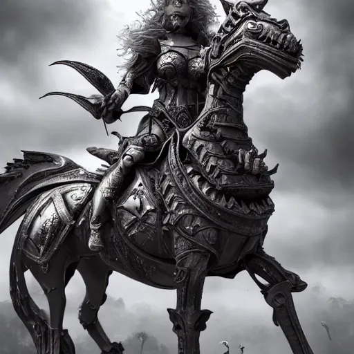 Prompt: actionism, soft painting fractal curiosities carnival, a single beautiful female in full gothic armor, riding a cavalry wolf, accurate features, focus, very intricate ultrafine details, black white purple volumetric clouds, award winning masterpiece, octane render 8 k hd