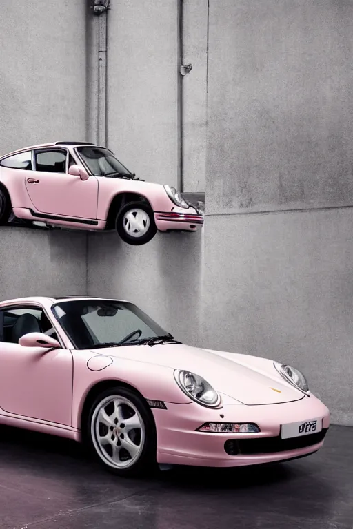 Prompt: Portrait of a light pink Porsche 911 Carrera 3.2, spotlight, in a dark room, photoshoot for vogue magazine.