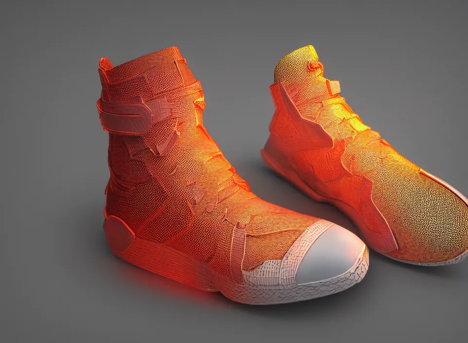 Image similar to realistic 3 d render of a futuristic sneaker, beautiful studio lighting, soft, sharp focus, neon cyberpunk highlights, intricate detail, gold and red fabric, soft rubber, textured plastic, hexagon mesh, filigree, octane render, side view, close up, trending on artstation, deviantart, nike, adidas, converse, reebok, salomon