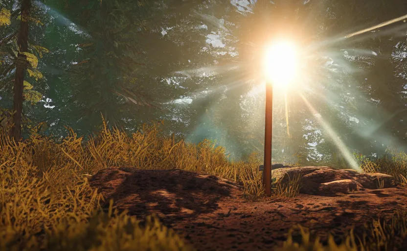 Image similar to photorealistic rust base in a forest. daylight. sunlight. lens flare. light fixtures. 8K. detailed. photorealism. artstation. 25mm f/1.7 ASPH Lens. ultra realistic