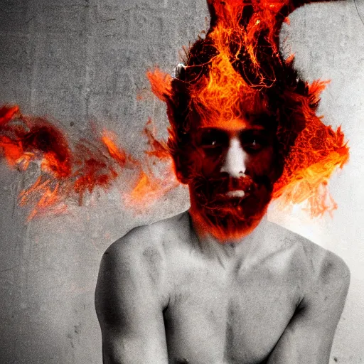 Image similar to a man in fire, Double exposure.