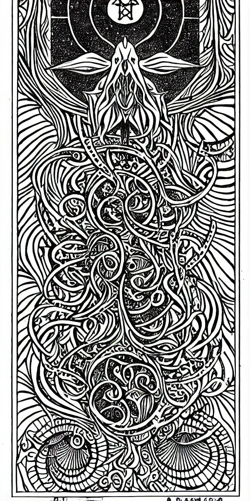 Image similar to a beautiful black and white fractal tarot card featuring bold occult imagery with clean lines. ocean fish cthulhu. detailed adult coloring book