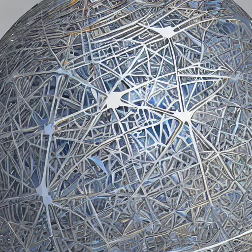 Image similar to a sphere containing a sphere which contains a city, the first sphere is translucent gold and the second sphere is translucent blue and the city is metallic silver, digital, 3D, detailed, photo realistic