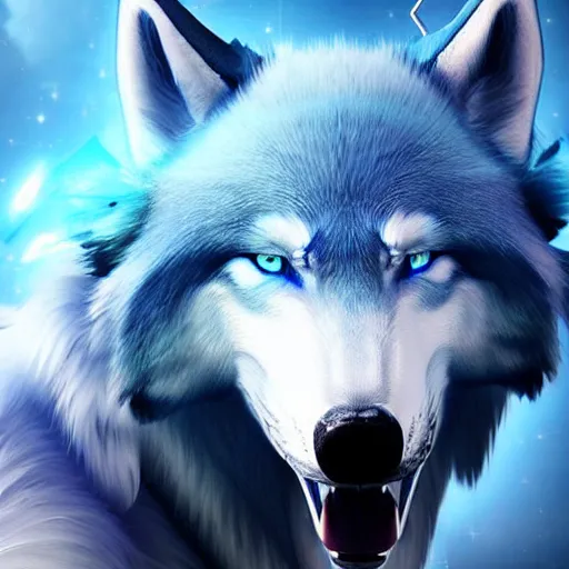 Prompt: a giant blue wolf with a white main and two unicorn horns, a white star shape on its forehead, yellow eyes, beautiful, ultra realistic, great wolf, unreal engine 5, dynamic lighting, highly detailed, lightning around