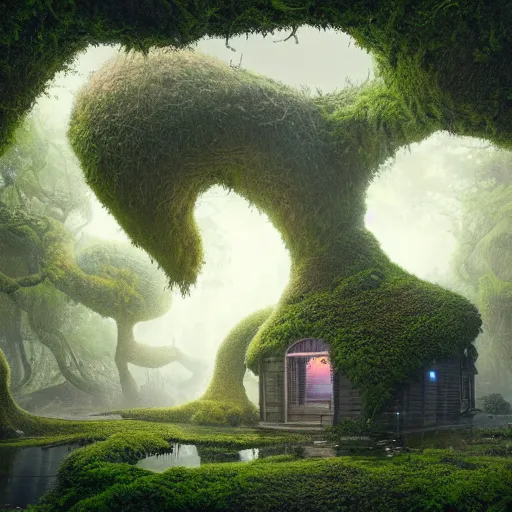 Prompt: beautiful organic macro photography of moss with alien fungus house made of imaginary plants in a swamp, architectural render, vegetal architecture, junglepunk, hyper detailed, warm volumetric lights, made by Gerald Brom and Mike Winkelmann.