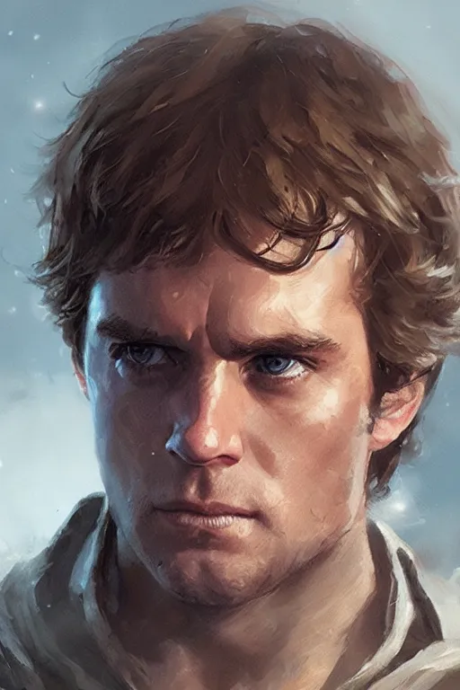 Image similar to candid portrait of henry cavill as luke skywalker by greg rutkowski