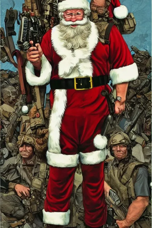 Image similar to concept of Santa Claus holding a M61 Vulcan and wearing an army harness vest full of pouches, by Geof Darrow and Simon Bisley, detailed, full body