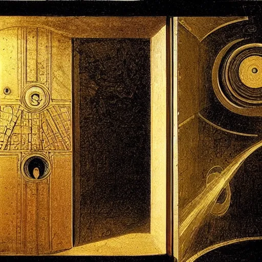 Image similar to golden ratio, photo realism, space astronaut opening door that shows space and time created by leonardo davinci with extra detail, epic.