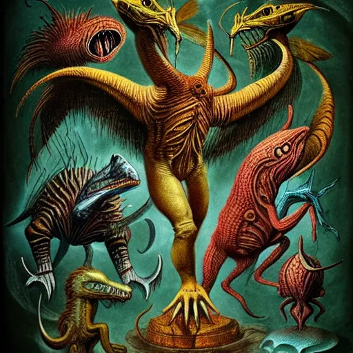 Image similar to bestiary of creatures from the depths of the unconscious psyche