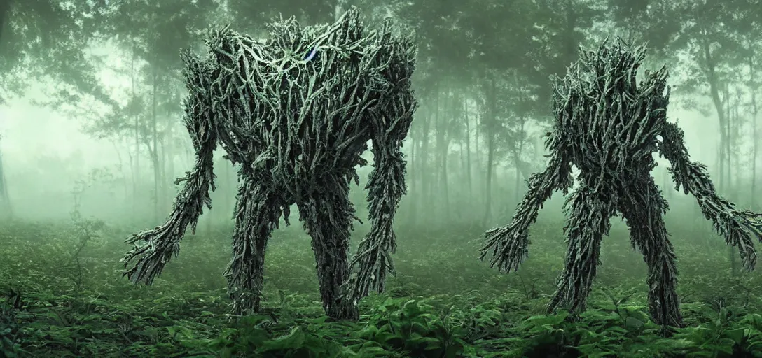 Image similar to a complex organic fractal 3 d metallic symbiotic ceramic humanoid megastructure creature in a swampy lush forest, foggy, cinematic shot, photo still from movie by denis villeneuve, 9 0 s anime