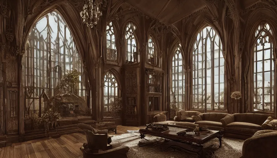 Prompt: Interior of a beautiful living room of a Neo-Gothic manor built in the snow-caped mountains, hyperdetailed, artstation, cgsociety, 8k