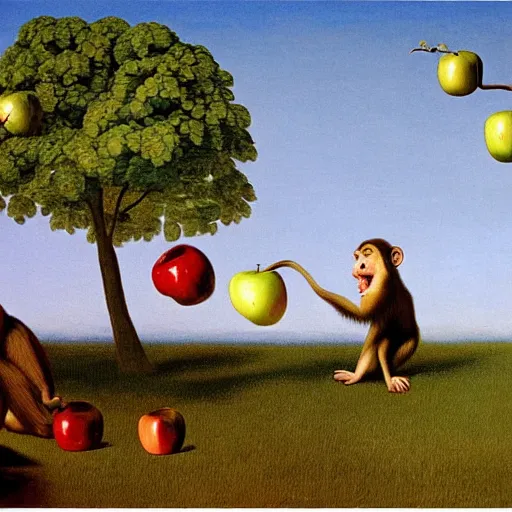 Prompt: an apple tree throwing apples at a monkey by Raphael, Hopper, and Rene Magritte. detailed, romantic, enchanting, trending on artstation.