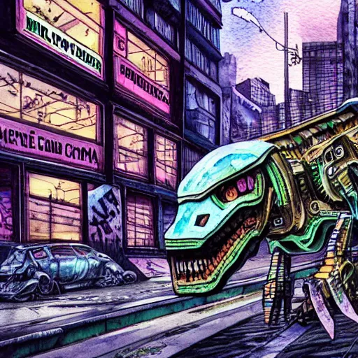 Image similar to hyper-detailed, intricate, full colour watercolor of a mecha dinosaur standing at a ghetto street corner with graffiti in the background, night, city, dark, cyberpunk, 240z, r34, impreza