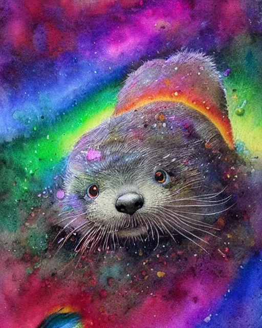 Image similar to detailed magical rainbow otter by jean - baptiste monge and frank frazetta, post processing, painterly, book illustration watercolor granular strong darksplatter dripping paper texture, ink outlines, painterly, trending on artstation, trending on pinterest childrens art