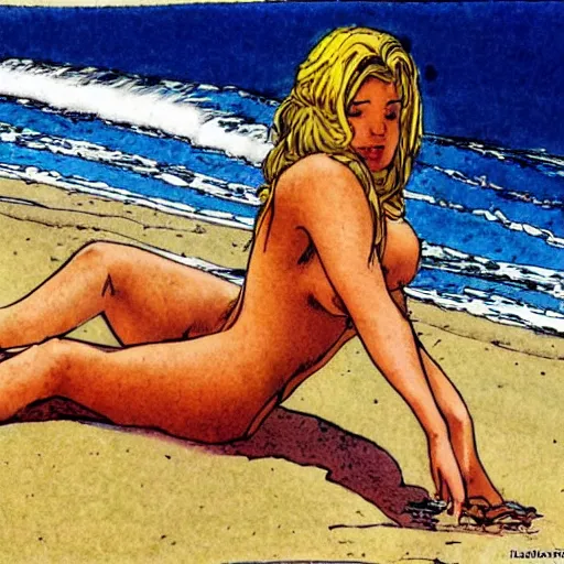 Prompt: a woman at the beach, milo manara style