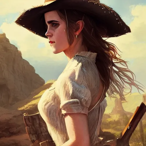 Image similar to sensual emma watson wearing a cowboy hat and a dress, looking seductive, wild west setting, hyperrealistic, artgerm, greg rutkowski, artstation, highly detailed