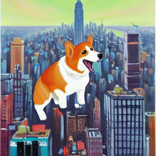 Image similar to giant welsh corgi dog standing over new york city skyline, painting