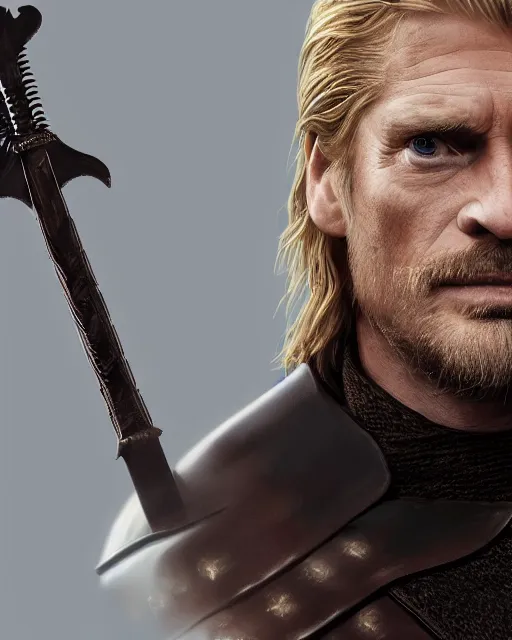 Image similar to jaime donald trump lannister holding a sword, lord commander of the kingsguard, the kingslayer, medium shot, highly detailed, hyperrealism, octane render