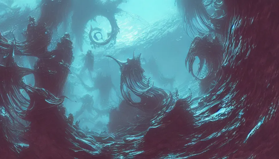 Image similar to Cthulu underwater, dramatic, hyperdetailed, artstation, cgsociety, 8k