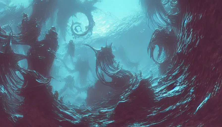 Prompt: Cthulu underwater, dramatic, hyperdetailed, artstation, cgsociety, 8k