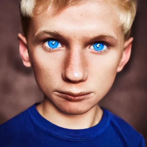 Image similar to portrait of a boy with his hand on his face, extremely realistic and real, photorealistic, blonde hair and blue eyes, detailed facial structure, real eyes that are detailed, real hands