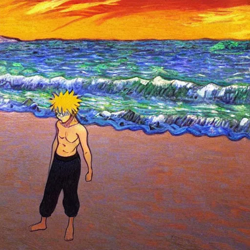 Prompt: An oil painting of Naruto at the beach at sunset by Vincent van Gogh, anime anime anime