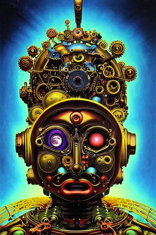 Prompt: retro humanoid robot, large metal mustache, vibrant colors, nebula background, glowing yellow eyes, detailed realistic surreal steampunk robot in full regal attire. face portrait. art nouveau, symbolist, visionary, baroque, giant fractal details. horizontal symmetry by zdzisław beksinski, gears, alphonse mucha. highly detailed, hyper - real,