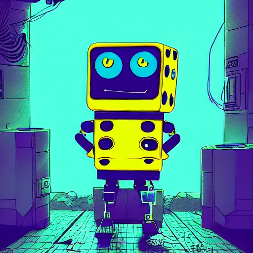 Image similar to cyberpunk robotic spongebob, sharp lines, digital, artstation, colored in