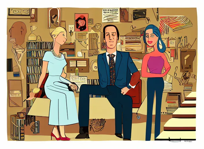 Image similar to kim wexler and saul goodman, ilustration by malika favre