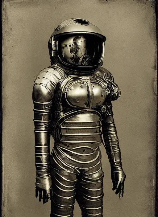Prompt: old wetplate daguerreotype portrait of a futuristic silver armored space astronaut cyborg striking a model pose, fractal, intricate, elegant, highly detailed, parallax, leica, medium format, subsurface scattering, by jheronimus bosch and greg rutkowski and louis jacques mande daguerre