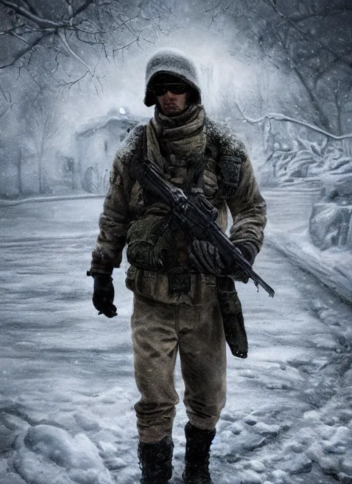 Image similar to the Cold War soldier, snow, ultra realist and ultra intricate detailed, sensual gloomy style, volumetric lighting, artstation, unreal render, depth of field