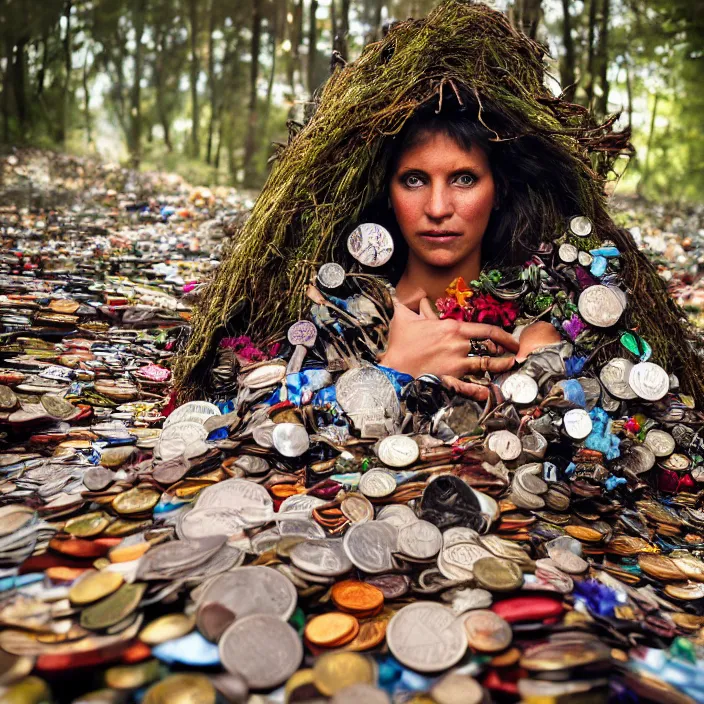 Prompt: closeup portrait of a woman wearing a cloak made of garbage and junk and flowers, standing in a pile of coins, forest, by Annie Leibovitz and Steve McCurry, natural light, detailed face, CANON Eos C300, ƒ1.8, 35mm, 8K, medium-format print