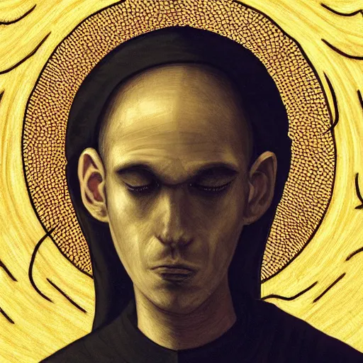 Image similar to Close up of a young, thin and stern catholic priest in his thirties fervently praying as he is about to die from the ominous Lovecraftian yellow shadow descending upon him from the night sky. The yellow shadow feels very oppressive and terrifying. Low angle, dramatic lighting. Award-winning digital art, trending on ArtStation