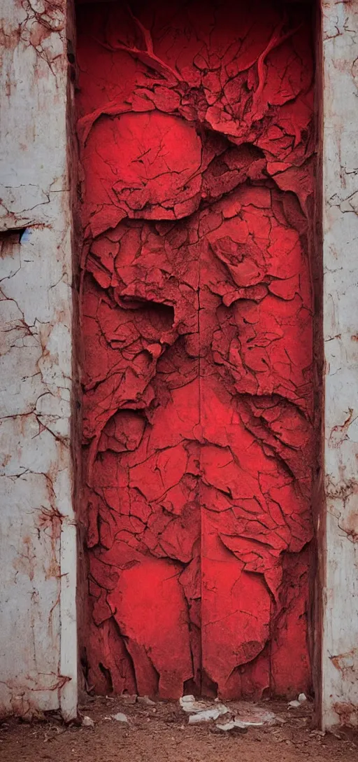 Prompt: huge detailed fractal red door standing in wasteland in style of zdzisław beksinski