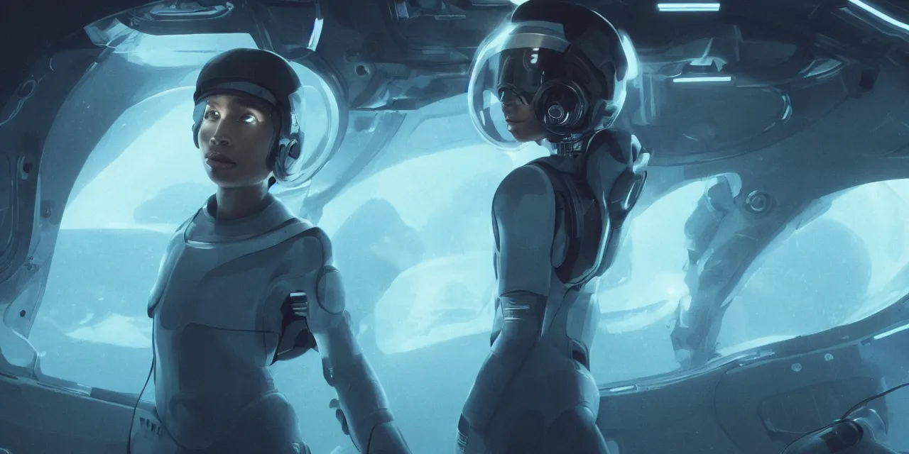 Image similar to Zoe Kravitz with short hair as a futuristic astronaut, helmet with led lights, underwater in the ocean at night, dark water, volumetric lighting, glowing lights, 4k, octane, digital painting, artstation, concept art, sharp focus, illustration, cinematic film still, art by artgerm and greg rutkowski and alphonse mucha , wide angle view,