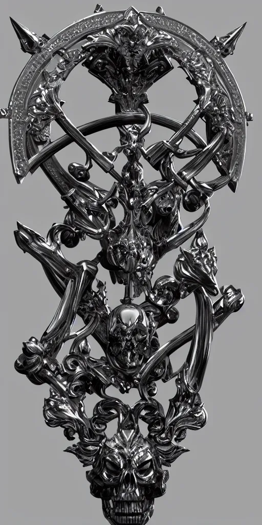 Image similar to a black and silver sword skull crest, ornament, simple weapon, a 3 d render by dom qwek, front side, concept art, trending on polycount, artstation, hard surface modeling, rendered in maya, zbrush, hd, vray, blizzard, symmetry