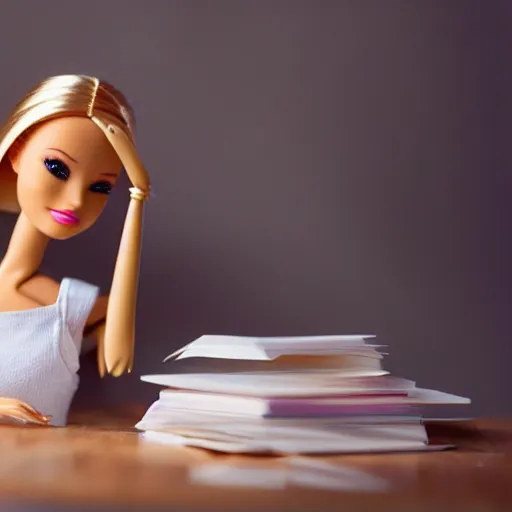 Prompt: a barbie doll with an exhausted!!!! expression sits at a desk with several large stacks of paper on it. her head is resting on her hand. golden hour, photorealistic,