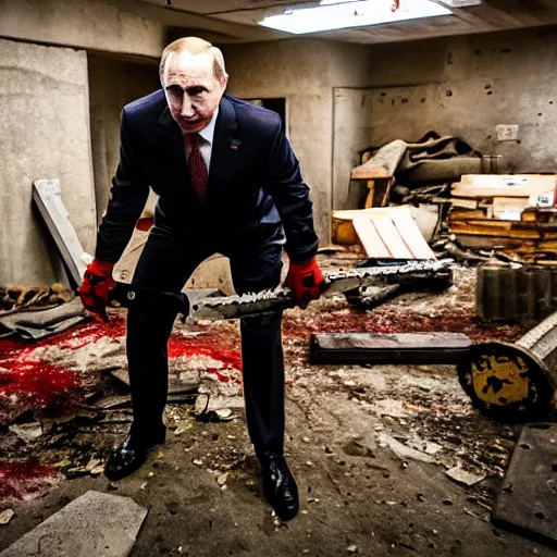 Image similar to putin with a chainsaw. in a concrete bunker with a pile of corpses. focus on putins face with blood splatters. canon eos r 3, f / 1. 4, iso 1 6 0 0, 1 / 8 0 s, 8 k, raw, grainy