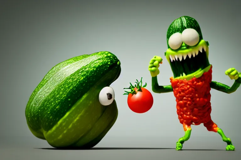 Prompt: detailed 3 d render of a mad zucchini character with arms and legs and a long sword chasing after a tomato character, hyper realistic octane render, cinematic lighting, wide angle, nightmare, adult pixar surrealism