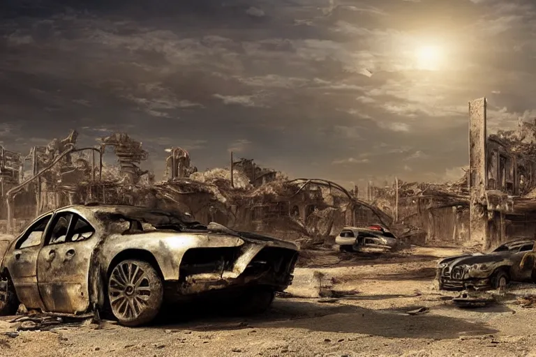 Prompt: intense sun desert landscape futuristic city ruins fallout post apocalyptic, car shell