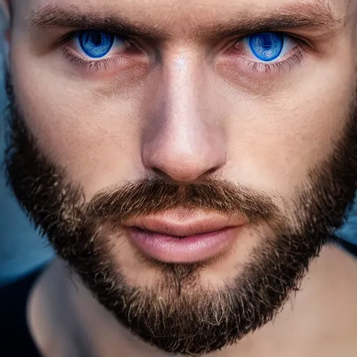 Image similar to portrait of luc lecointre, handsome, blue eyes, symmetric eyes, short beard, 4 k, high quality, ultra realistic