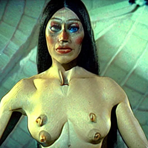 Image similar to humanoid female moth, movie still of a moth-woman, moth